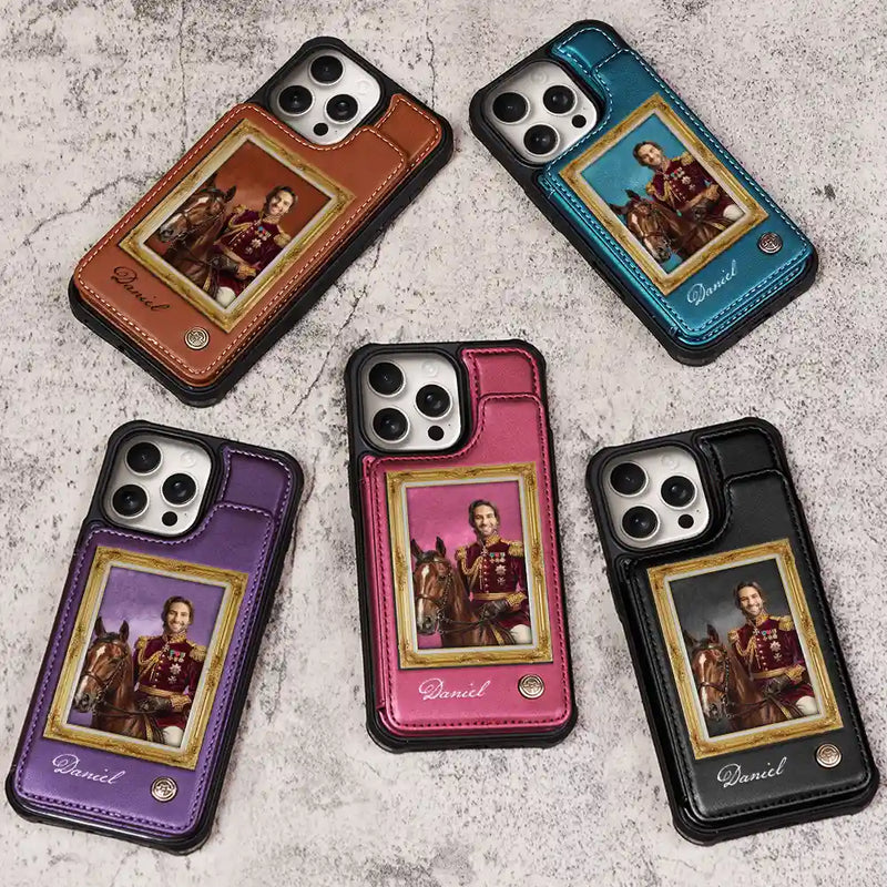 Custom Photo Royal Portrait Art Piece For Men, Dad, Grandpa - Personalized Leather Flip Wallet Phone Case