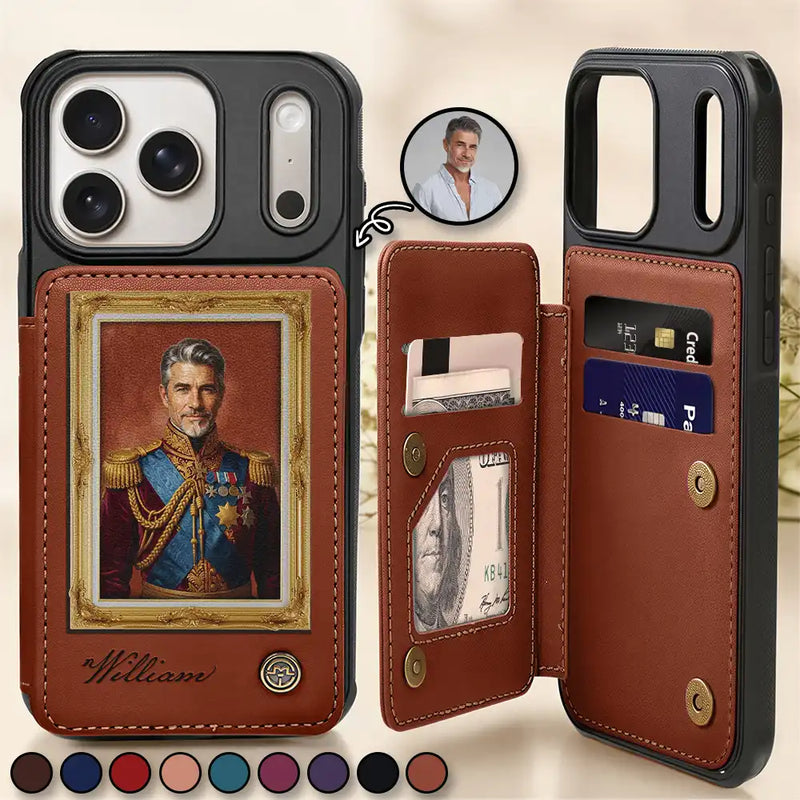 Custom Photo Royal Portrait Art Piece For Men, Dad, Grandpa - Personalized Leather Flip Wallet Phone Case