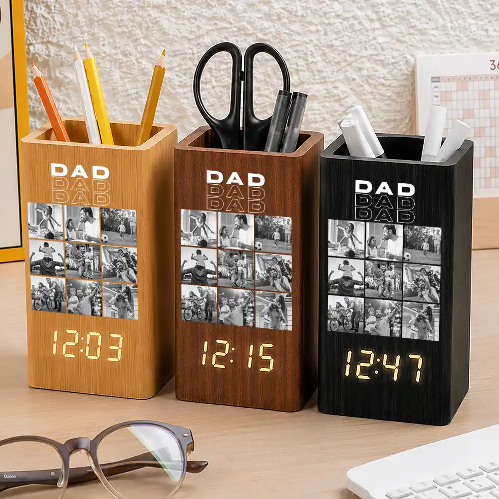 Custom Photo B&W Daddy Father Motivation Gift - Personalized Pen Holder With Clock