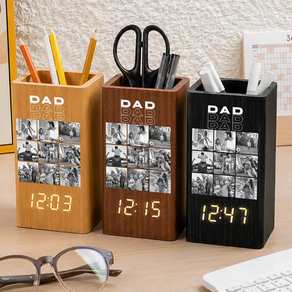 Custom Photo B&W Daddy Father Motivation Gift - Personalized Pen Holder With Clock