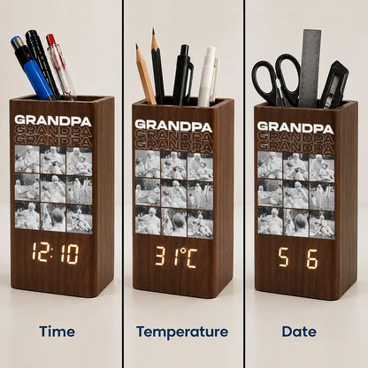 Custom Photo B&W Daddy Father Motivation Gift - Personalized Pen Holder With Clock