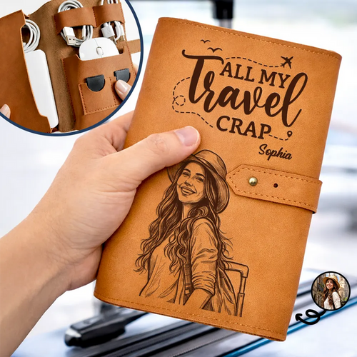 Custom Photo Bold Sketch All My Travel Crap Woman Man Portrait - Personalized Leather Cable Bag