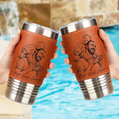 Custom Photo Bold Sketch Best Dad Grandpa Ever Family Portrait - Personalized Leather Tumbler