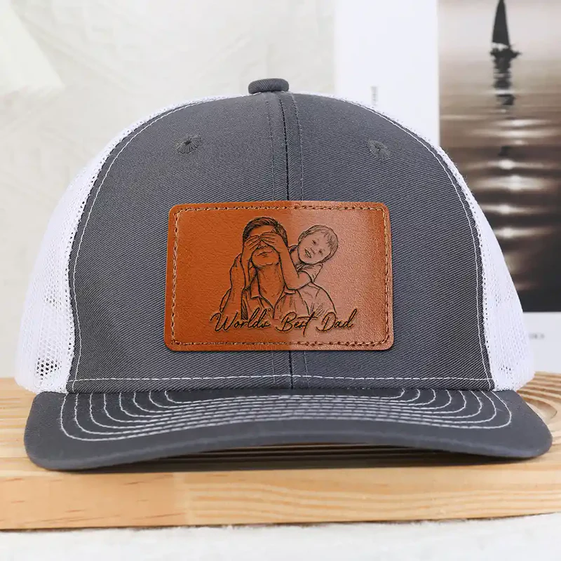 Custom Photo Bold Sketch Best Dad Grandpa Ever Family Portrait - Personalized Leather Patch Hat
