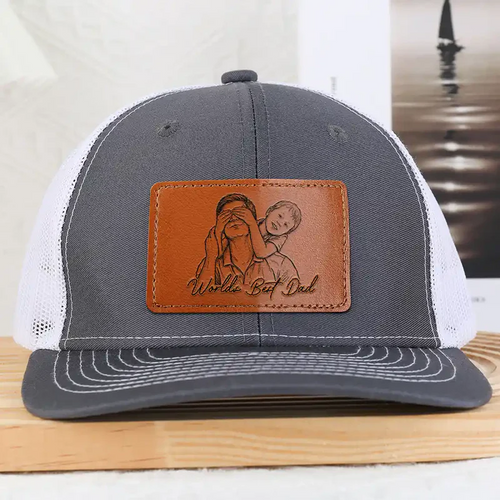 Custom Photo Bold Sketch Best Dad Grandpa Ever Family Portrait - Personalized Leather Patch Hat