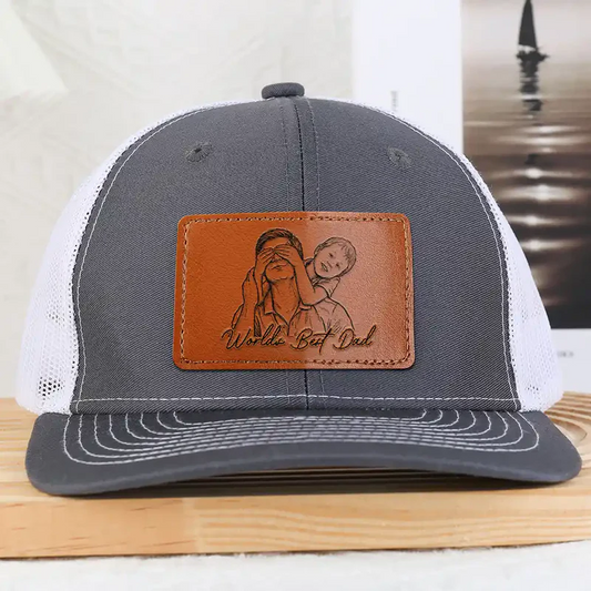 Custom Photo Bold Sketch Best Dad Grandpa Ever Family Portrait - Personalized Leather Patch Hat