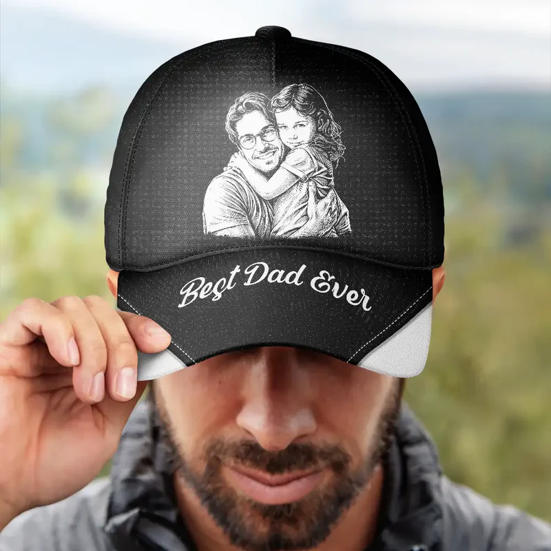 Custom Photo Bold Sketch Best Dad Grandpa Ever Family Portrait - Personalized Classic Cap