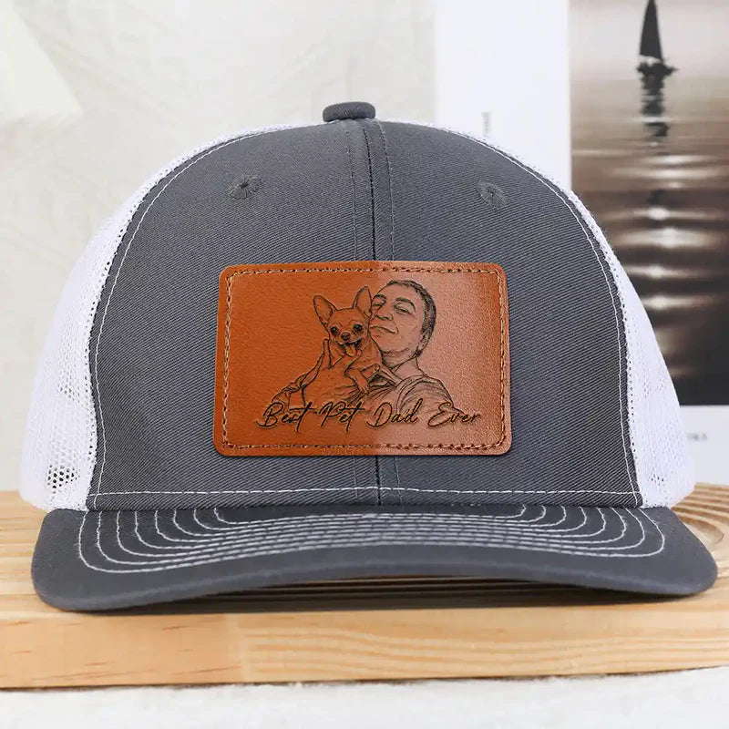 Custom Photo Bold Sketch Best Dog Dad Ever - Personalized Leather Patch Hat