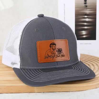 Custom Photo Bold Sketch Best Dog Dad Ever - Personalized Leather Patch Hat