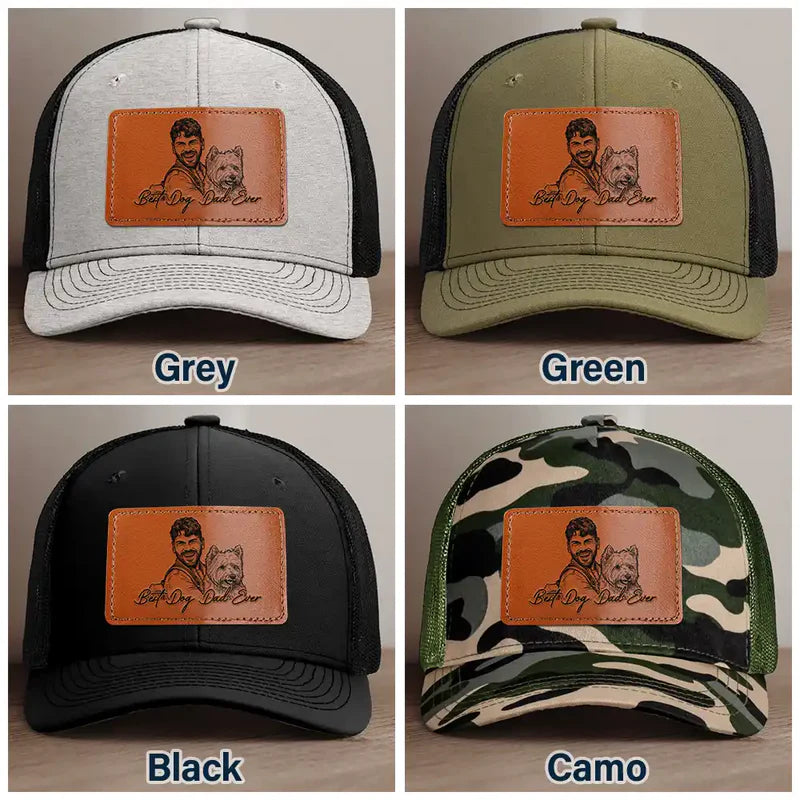 Custom Photo Bold Sketch Best Dog Dad Ever - Personalized Leather Patch Hat