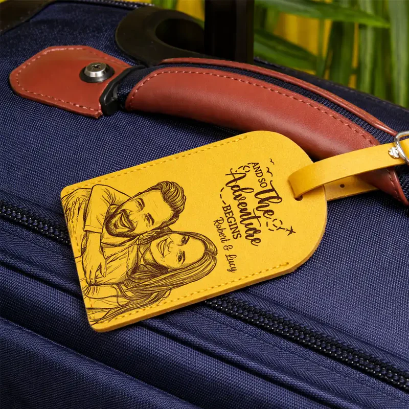 Custom Photo Bold Sketch Couple Besties Dog Cat Funny Portrait - Personalized Leather Luggage Tag