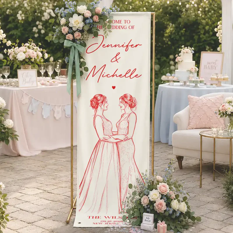 Custom Photo Bold Sketch Couples Wedding Engaged Bachelor Party - Personalized Vertical Banner