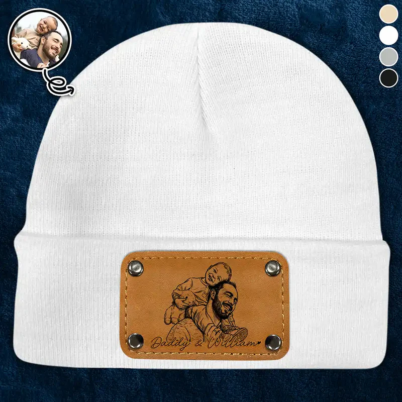 Custom Photo Bold Sketch Family Dog Cat Portrait - Personalized Beanie With Leather Patch