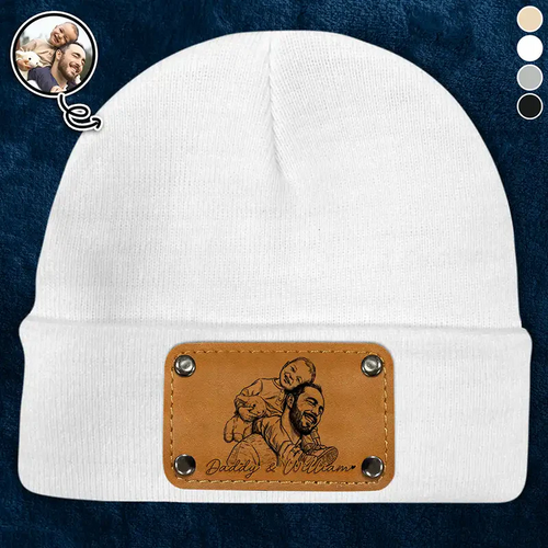 Custom Photo Bold Sketch Family Dog Cat Portrait - Personalized Beanie With Leather Patch