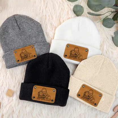Custom Photo Bold Sketch Family Dog Cat Portrait - Personalized Beanie With Leather Patch