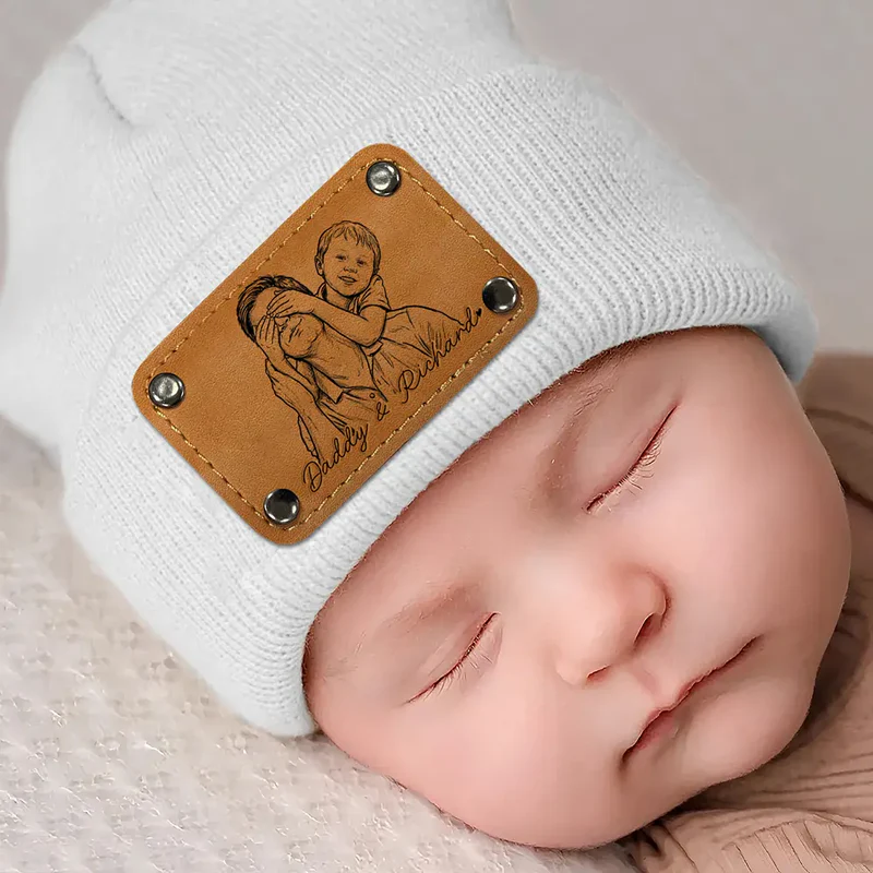 Custom Photo Bold Sketch Family Dog Cat Portrait - Personalized Beanie With Leather Patch