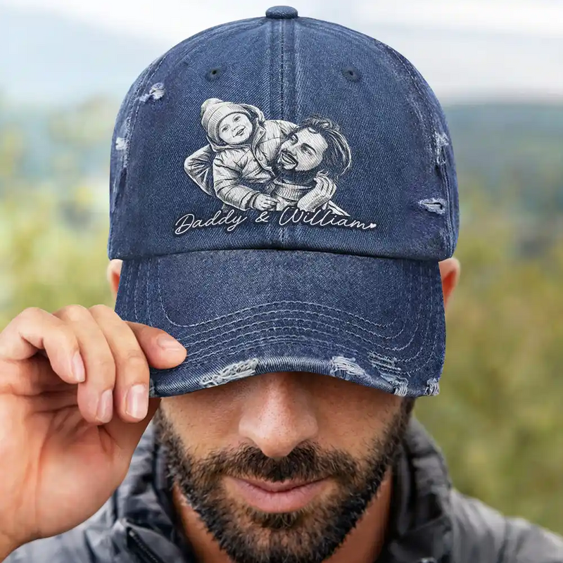 Custom Photo Bold Sketch Family Dog Cat Portrait - Personalized Distressed Cap