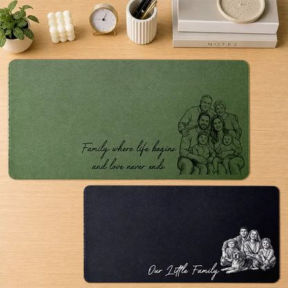 Custom Photo Bold Sketch Family Where Life Begins - Personalized Leather Desk Mat