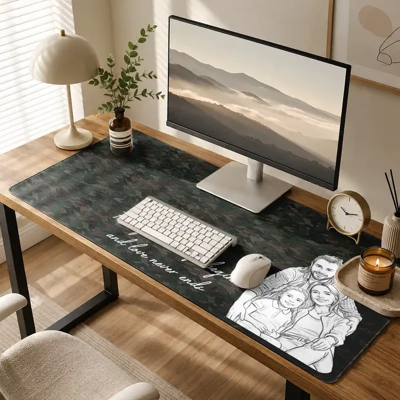 Custom Photo Bold Sketch Family Where Life Begins - Personalized Leather Desk Mat