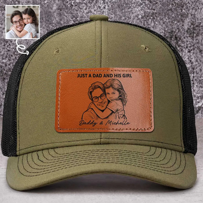 Custom Photo Bold Sketch Just A Dad And His Girl - Personalized Leather Patch Hat