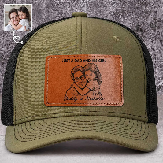 Custom Photo Bold Sketch Just A Dad And His Girl - Personalized Leather Patch Hat