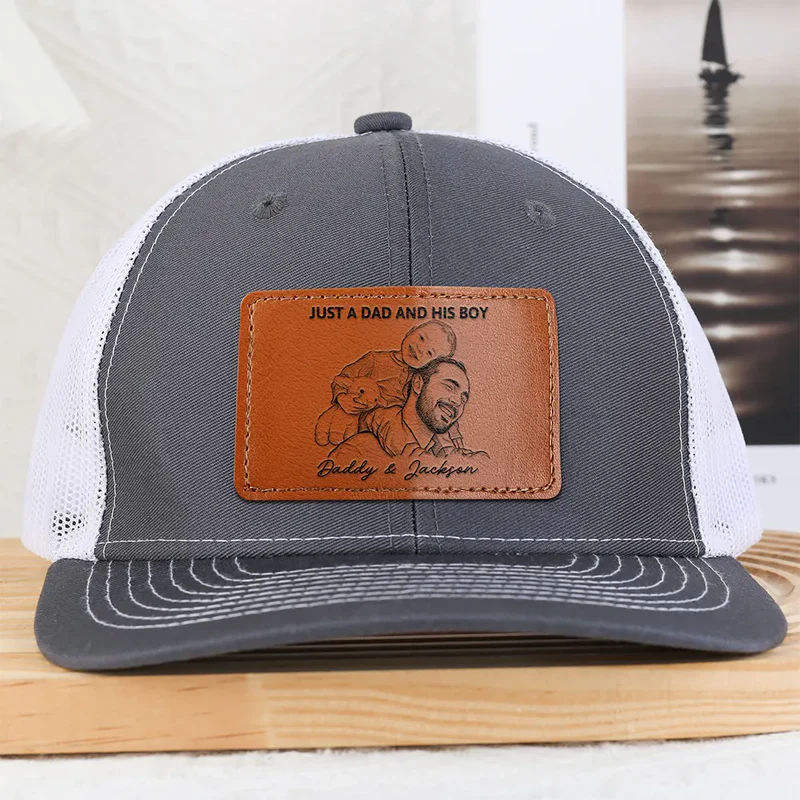 Custom Photo Bold Sketch Just A Dad And His Girl - Personalized Leather Patch Hat
