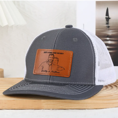 Custom Photo Bold Sketch Just A Dad And His Girl - Personalized Leather Patch Hat