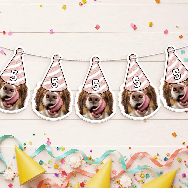 Custom Photo Dog Cat Face Birthday Glitter Effect - Personalized Garland Banner