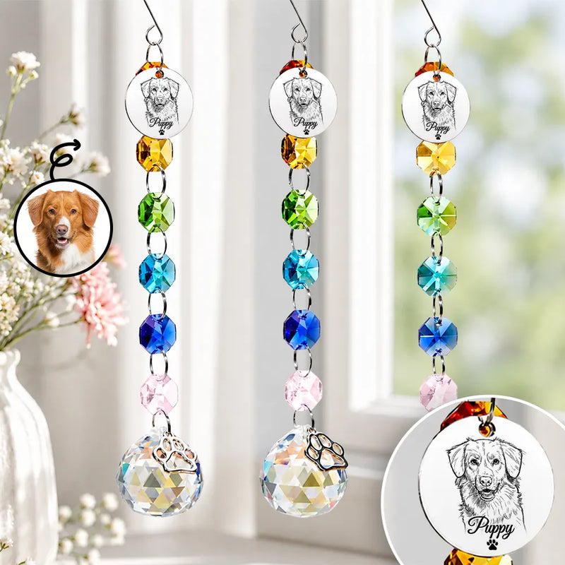 Custom Photo Dog Cat Forever Love Pencil Sketch - Personalized Crystal Suncatcher With Charm