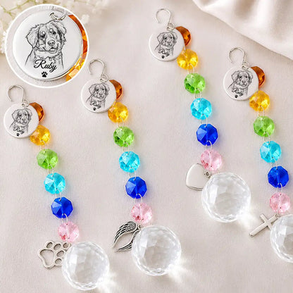Custom Photo Dog Cat Forever Love Pencil Sketch - Personalized Crystal Suncatcher With Charm