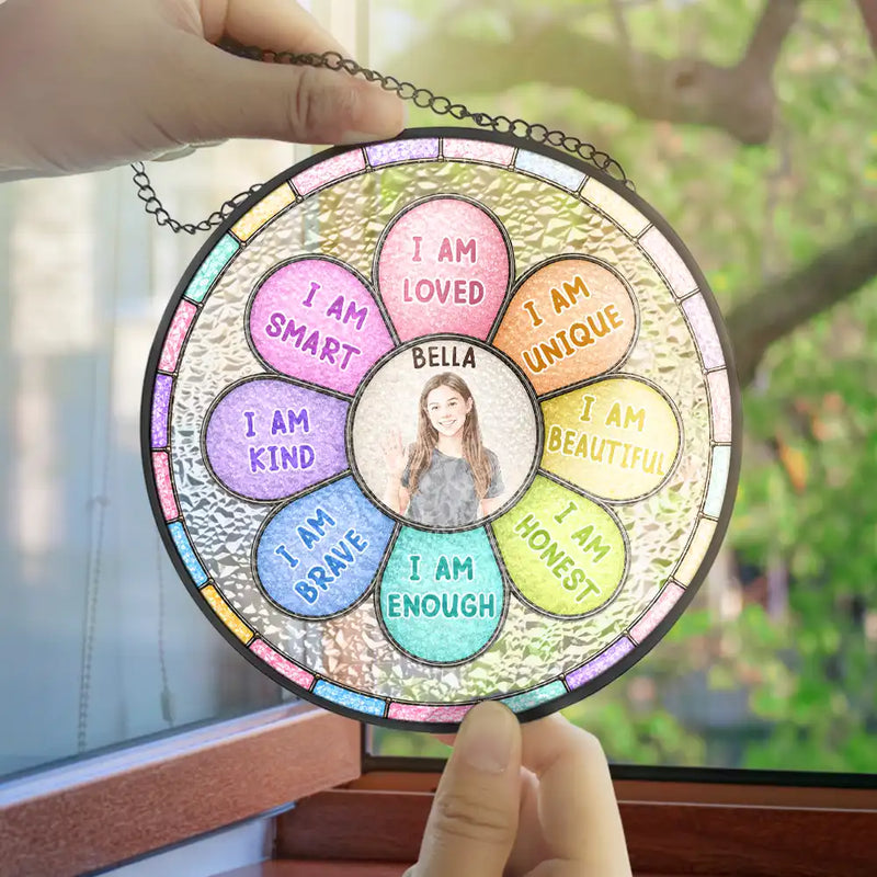 Custom Photo I Am Smart Kind Brave Butterfly Flower Rainbow - Personalized Stained Glass Window Hanging Suncatcher