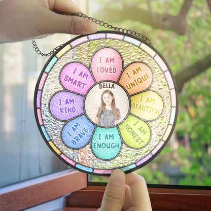 Custom Photo I Am Smart Kind Brave Butterfly Flower Rainbow - Personalized Stained Glass Window Hanging Suncatcher