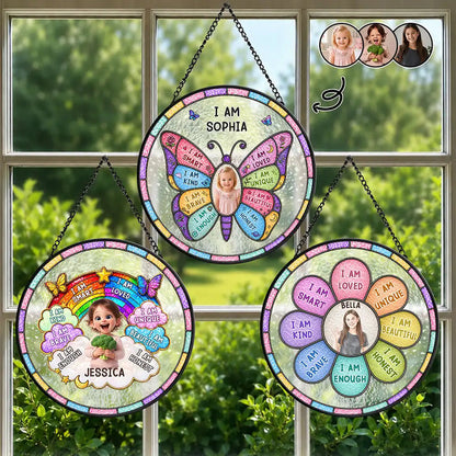 Custom Photo I Am Smart Kind Brave Butterfly Flower Rainbow - Personalized Stained Glass Window Hanging Suncatcher