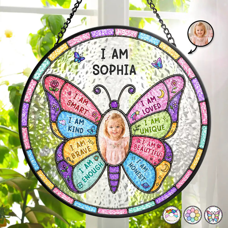 Custom Photo I Am Smart Kind Brave Butterfly Flower Rainbow - Personalized Stained Glass Window Hanging Suncatcher