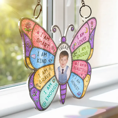 Custom Photo I Am Smart Kind Brave Butterfly Flower Rainbow - Personalized Window Hanging Suncatcher Ornament