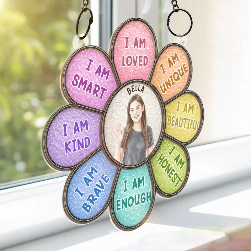 Custom Photo I Am Smart Kind Brave Butterfly Flower Rainbow - Personalized Window Hanging Suncatcher Ornament