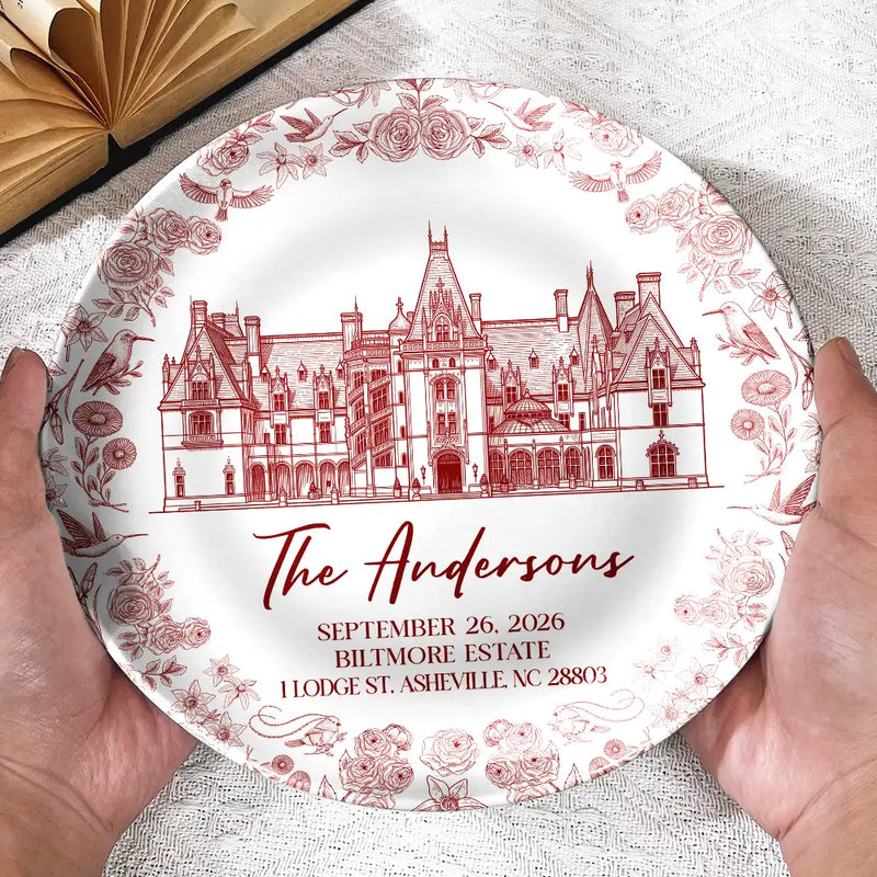 Custom Photo Ink Drawing Wedding Venue Toile De Jouy - Personalized Ceramic Plate