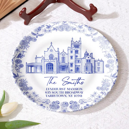 Custom Photo Ink Drawing Wedding Venue Toile De Jouy - Personalized Ceramic Plate