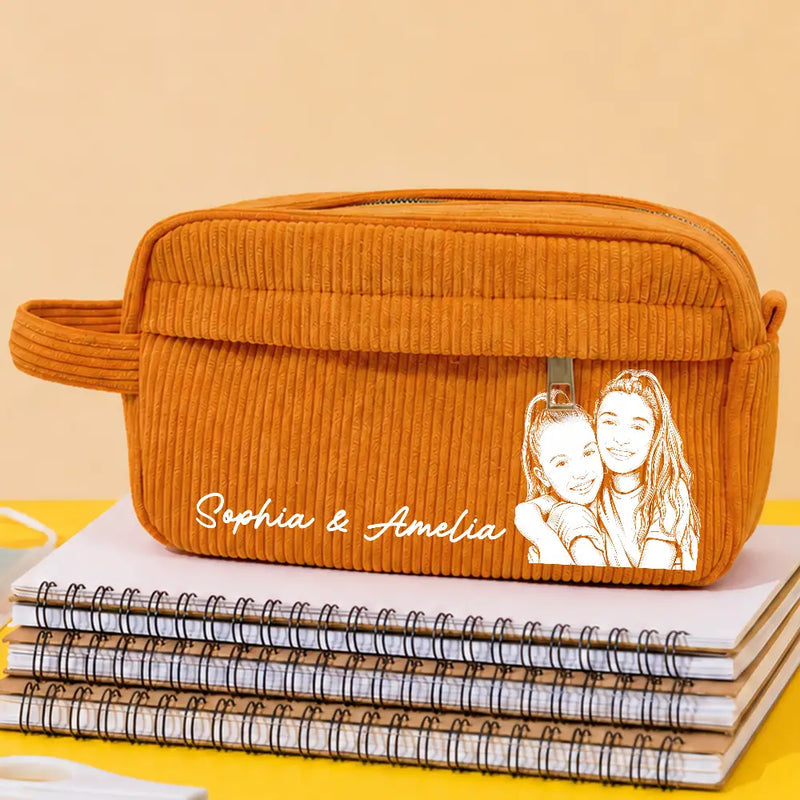 Custom Photo Kid Pet Family Besties Portrait Pencil Sketch - Personalized Corduroy Pencil Case