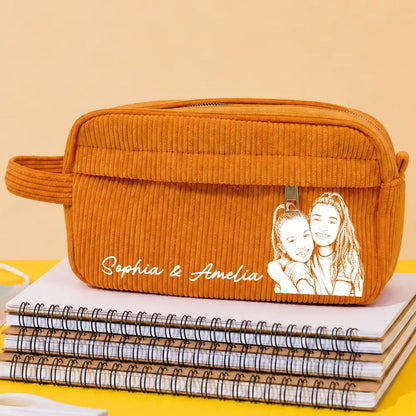 Custom Photo Kid Pet Family Besties Portrait Pencil Sketch - Personalized Corduroy Pencil Case