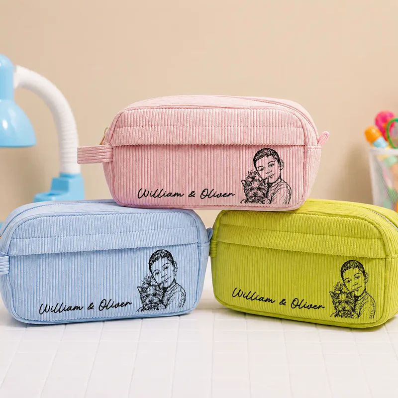 Custom Photo Kid Pet Family Besties Portrait Pencil Sketch - Personalized Corduroy Pencil Case