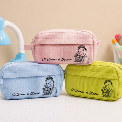 Custom Photo Kid Pet Family Besties Portrait Pencil Sketch - Personalized Corduroy Pencil Case