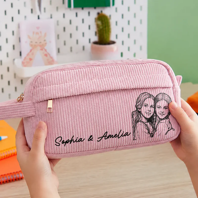 Custom Photo Kid Pet Family Besties Portrait Pencil Sketch - Personalized Corduroy Pencil Case