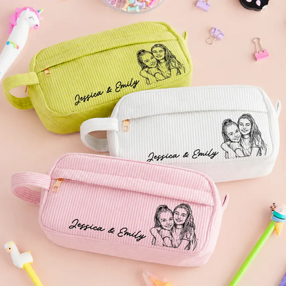 Custom Photo Kid Pet Family Besties Portrait Pencil Sketch - Personalized Corduroy Pencil Case