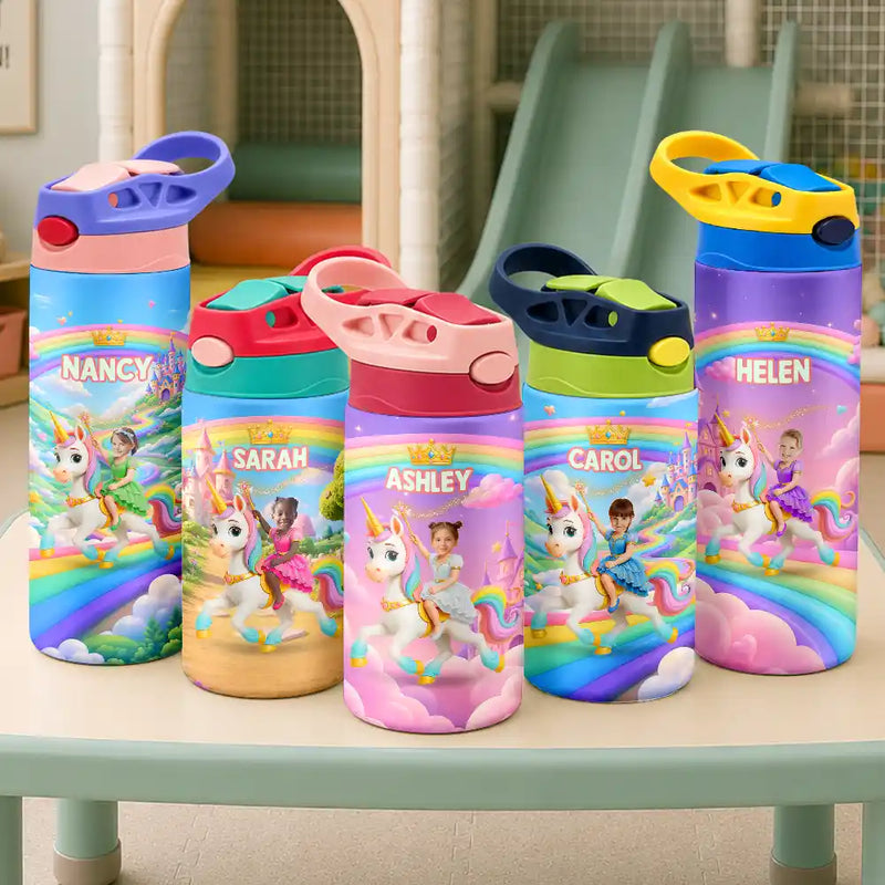 Custom Photo Little Girl Princess Unicorn - Personalized Insulated Water Bottle With Straw
