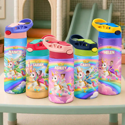 Custom Photo Little Girl Princess Unicorn - Personalized Insulated Water Bottle With Straw