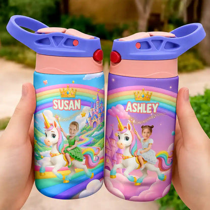 Custom Photo Little Girl Princess Unicorn - Personalized Insulated Water Bottle With Straw