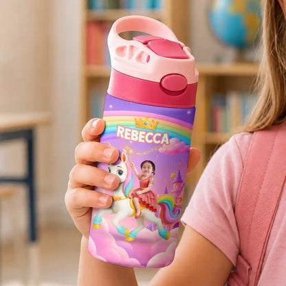 Custom Photo Little Girl Princess Unicorn - Personalized Insulated Water Bottle With Straw