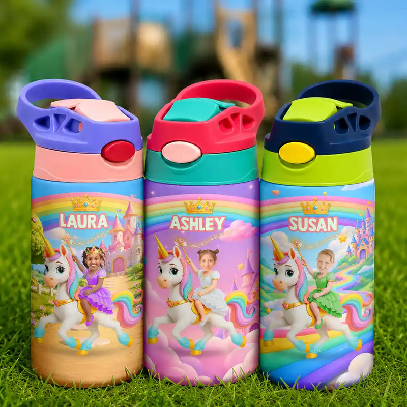 Custom Photo Little Girl Princess Unicorn - Personalized Insulated Water Bottle With Straw