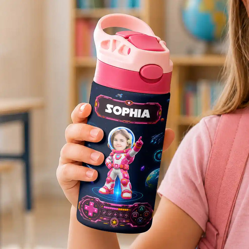 Custom Photo Little Space Explorer - Personalized Insulated Water Bottle With Straw